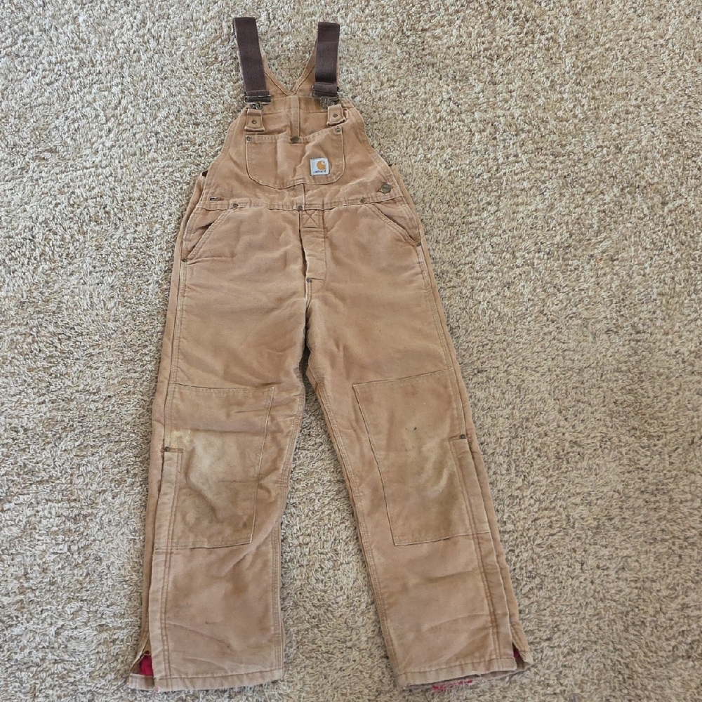 Carhartt Tan Duck Canvas Bib Overalls with Dark Brown Straps